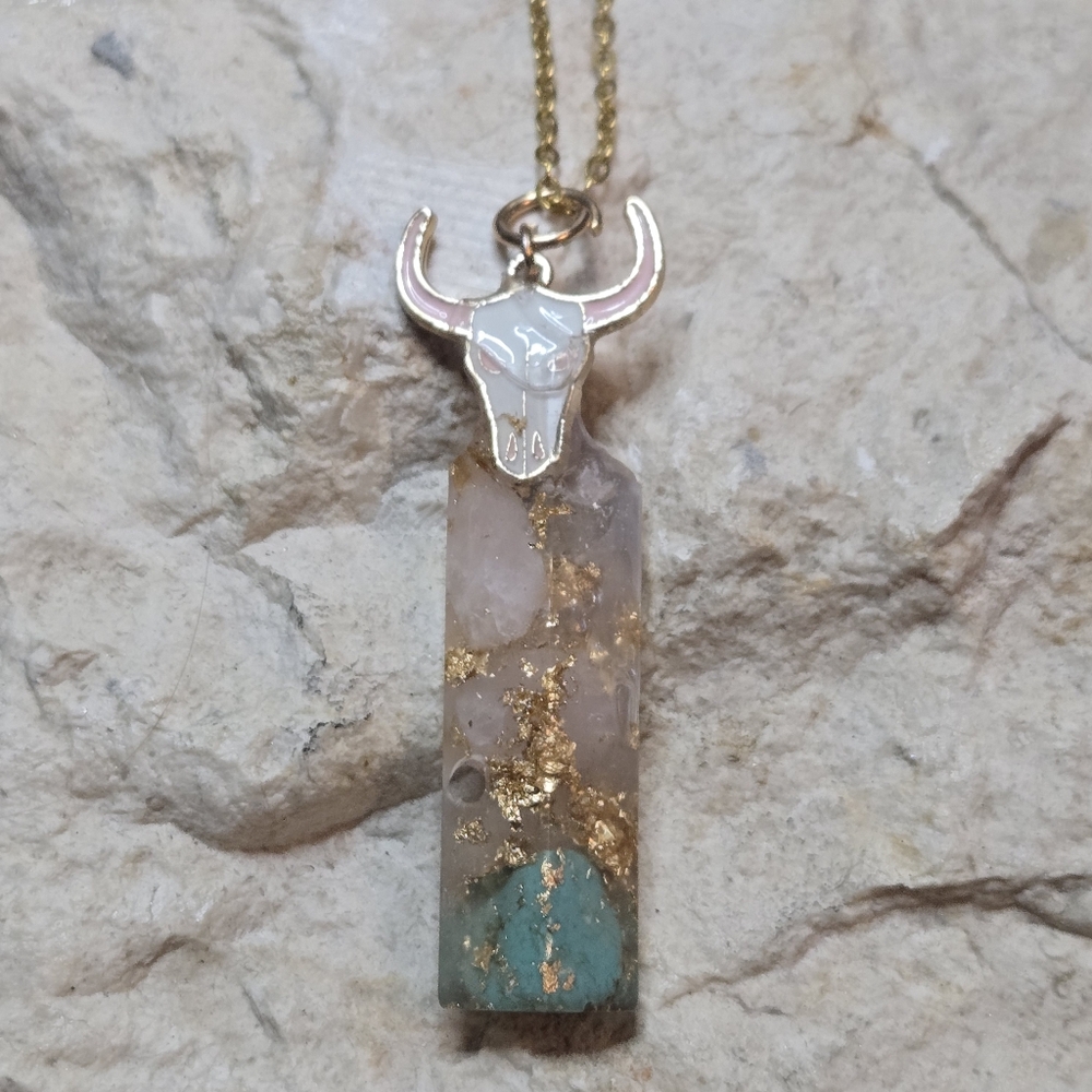 Rose Quartz & Turquoise Resin Cylinder Pendant Necklace | Gold Foil Accent | 20” - Picture 4 of 10